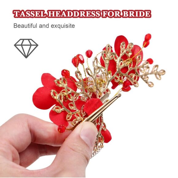 Chinese Wedding Hairpin Red Tassel Pearl Flower Hair Clip Vintage Long Hair Jewe main image 4